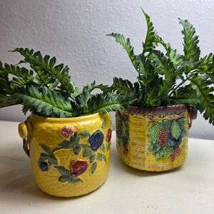 1950's Vintage‎ Majolica-Style Ceramic Planters Set of 2 Rattan Handles Vibrant